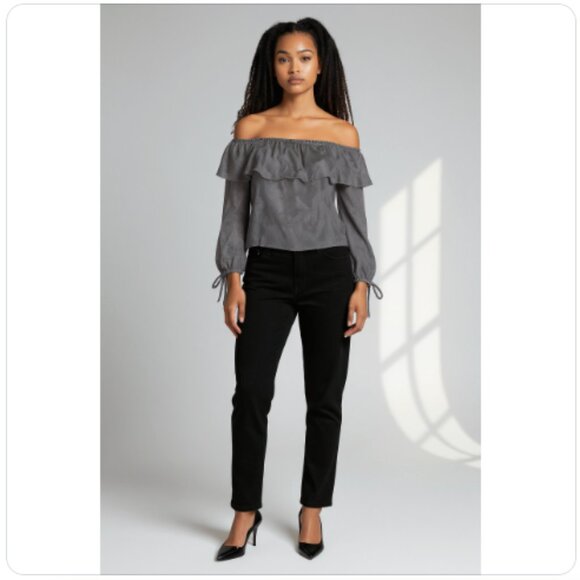 Atmosphere Off-Shoulder Gray Long Sleeve Ruffle Blouse Top, Size 4 - Picture 2 of 12